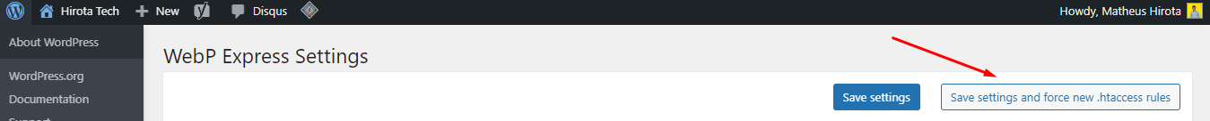 Imagem mostrando onde clicar para salvar as configurações e ativar o plugin de WebP